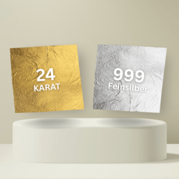Edible gold and silver foil sprinkles, available in 24 karat gold and 999 fine silver variants.