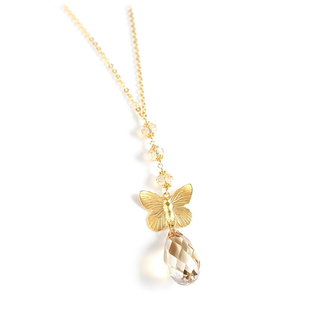 Long 18K gold plated butterfly necklace with Golden Shadow crystals