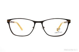 Black rectangular eyeglasses with gold accents, suitable for women.