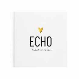 A photo book for ultrasound images, featuring a white cover with the title "ECHO" and a yellow heart icon. The book is designed to capture and preserve the memories of a pregnancy journey.