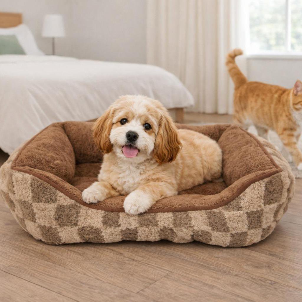 Warm Dog Bed | Grey and Brown Plaid Design | Soft & Padded Interior | Non-Slip Base | 3 Sizes Available | Cozy Bed for Small and Medium Dogs | Ideal for Winter