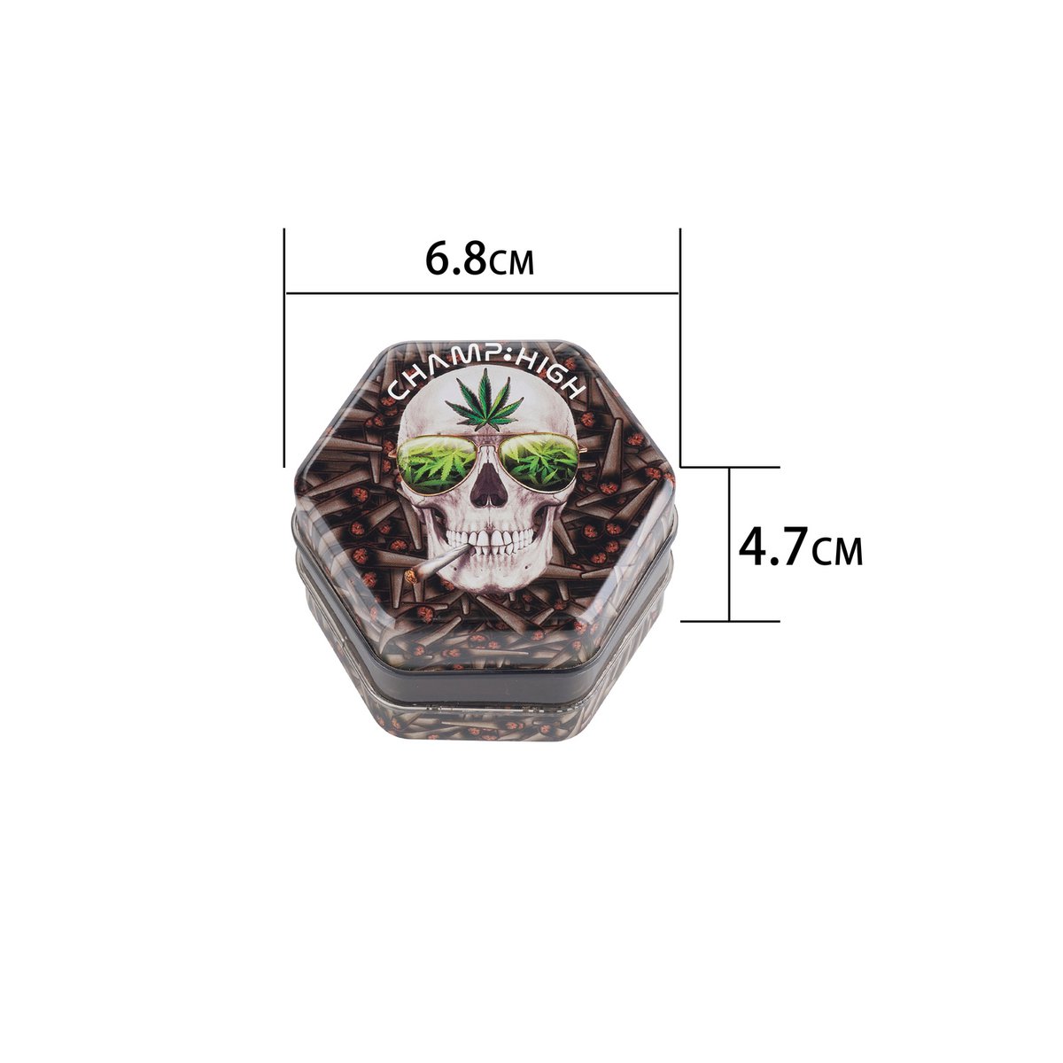 Display van 6 zeshoekige plastic kruidenmolens - Ontwerp met schedel en bladeren