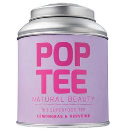 A tin canister containing lemongrass and verbena-scented tea. The canister is pink and features the text "POP TEE NATURAL BEAUTY" in bold lettering.