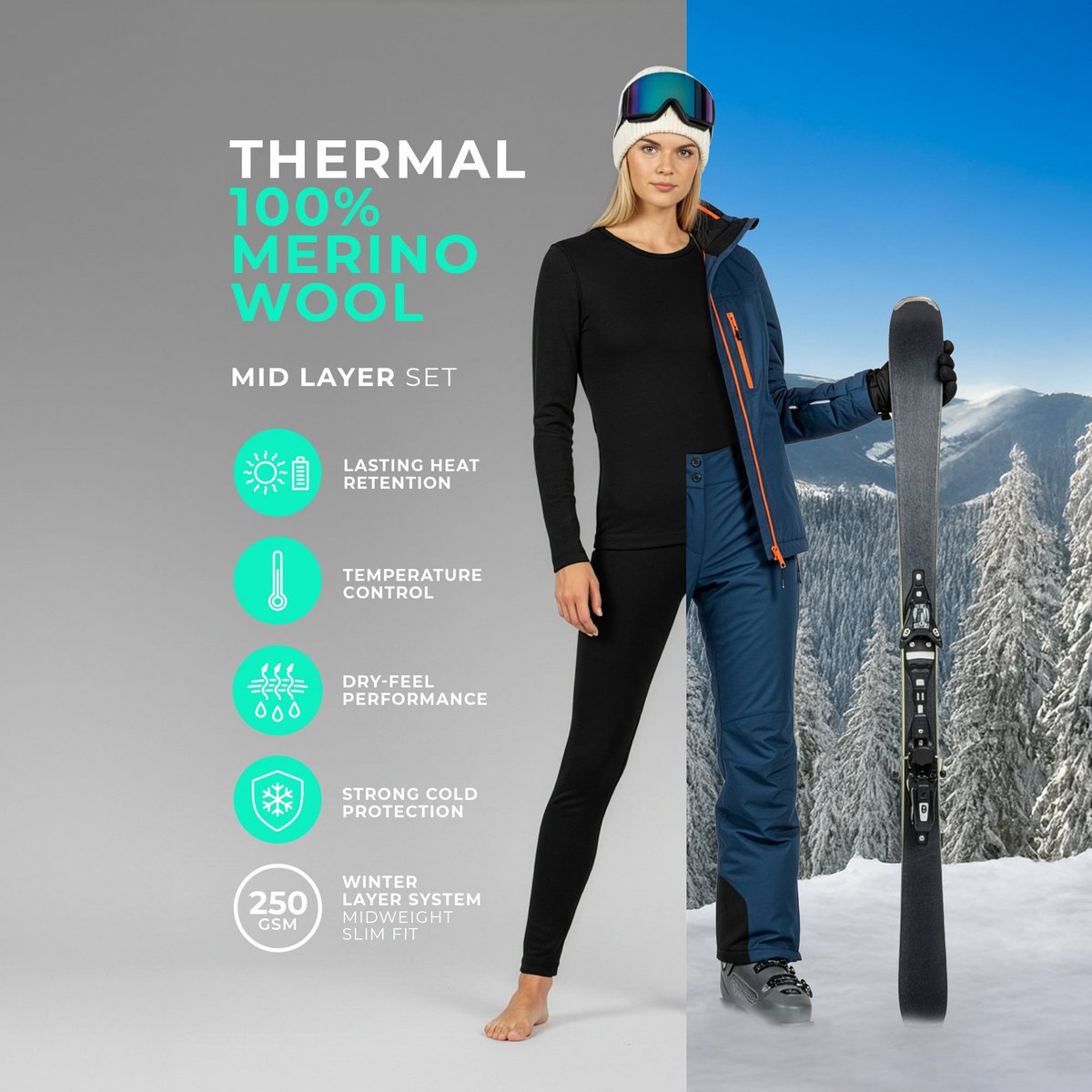 Ensemble Femme Manches Longues et Legging 250 Merino Noir
