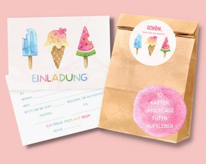 IJsuitnodigingskaarten en gastgeschenkzakjes voor kinderverjaardagsfeestjes met ijs