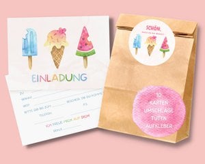 IJsuitnodigingskaarten en gastgeschenkzakjes voor kinderverjaardagsfeestjes met ijs