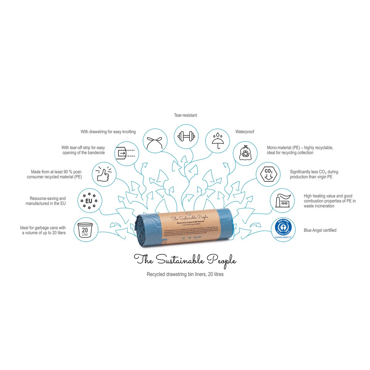 Recycelte Kordelzug-Müllsäcke 20l, Blauer Engel zertifiziert