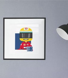 A colorful poster featuring a stylized illustration of a racing helmet. The helmet has a yellow top, blue visor, and red accents, with the text "AYRTON" displayed prominently.