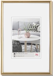 Gold plastic picture frame, multiple sizes, modern minimalist design, white mat.