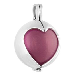 A shiny silver-toned heart-shaped pendant with a vibrant purple center. The pendant features a sleek, modern design and would make a stylish addition to any jewelry collection.