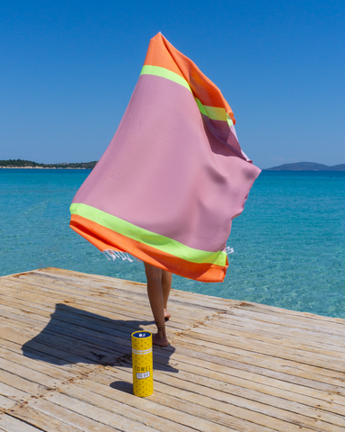 TOWEL TO GO NEON Recycled Cotton Beach Towel 180x100 cm | Spa Sauna Towel | Red / Pink | with Gift Box
