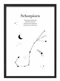 Scorpio zodiac sign poster in black and white with constellation design. Available in A3 and A4 sizes.
