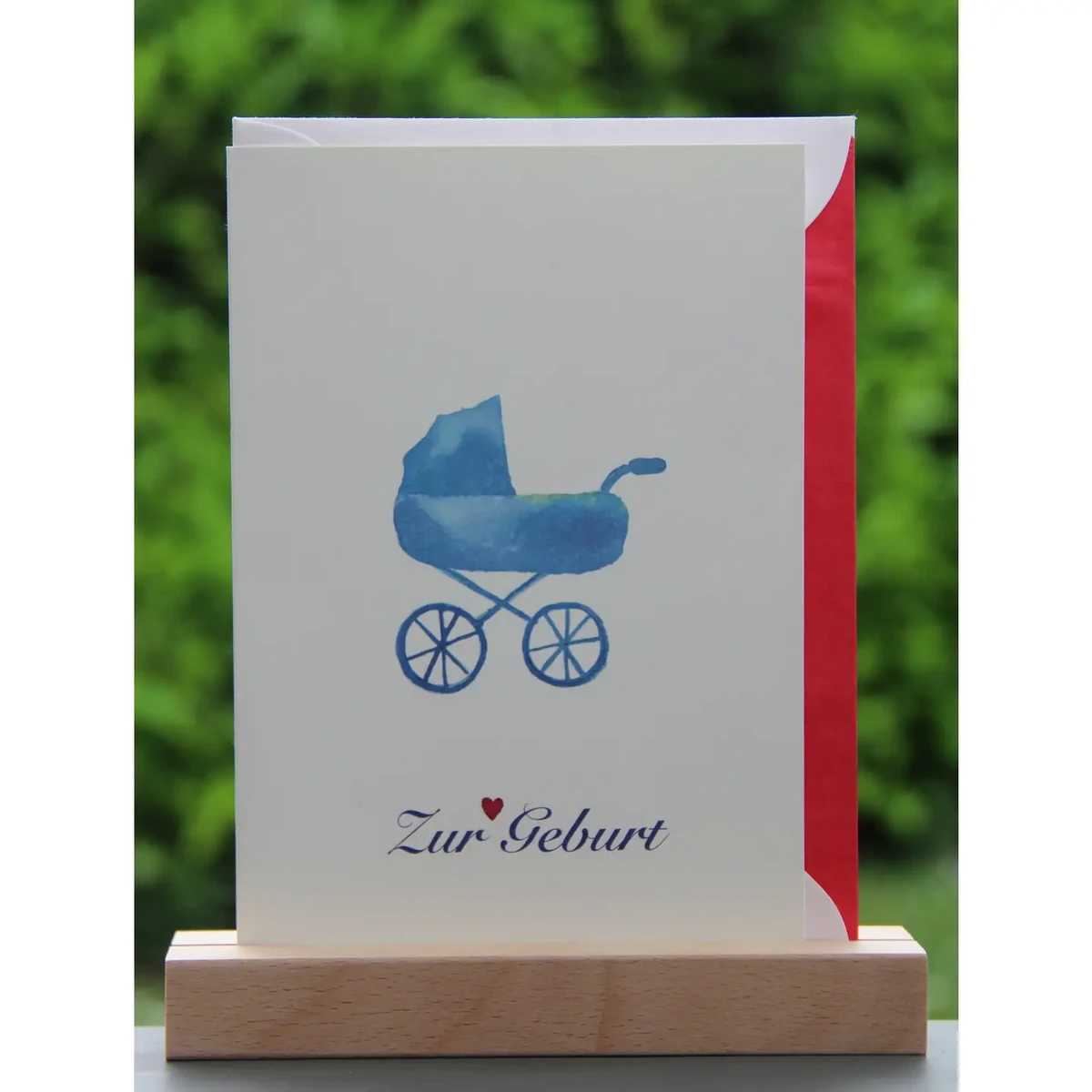 Watercolor card birth | Blue stroller | Red heart