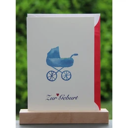 Watercolor card birth | Blue stroller | Red heart