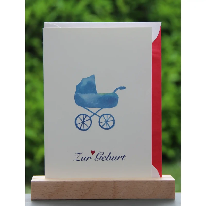 Watercolor card birth | Blue stroller | Red heart