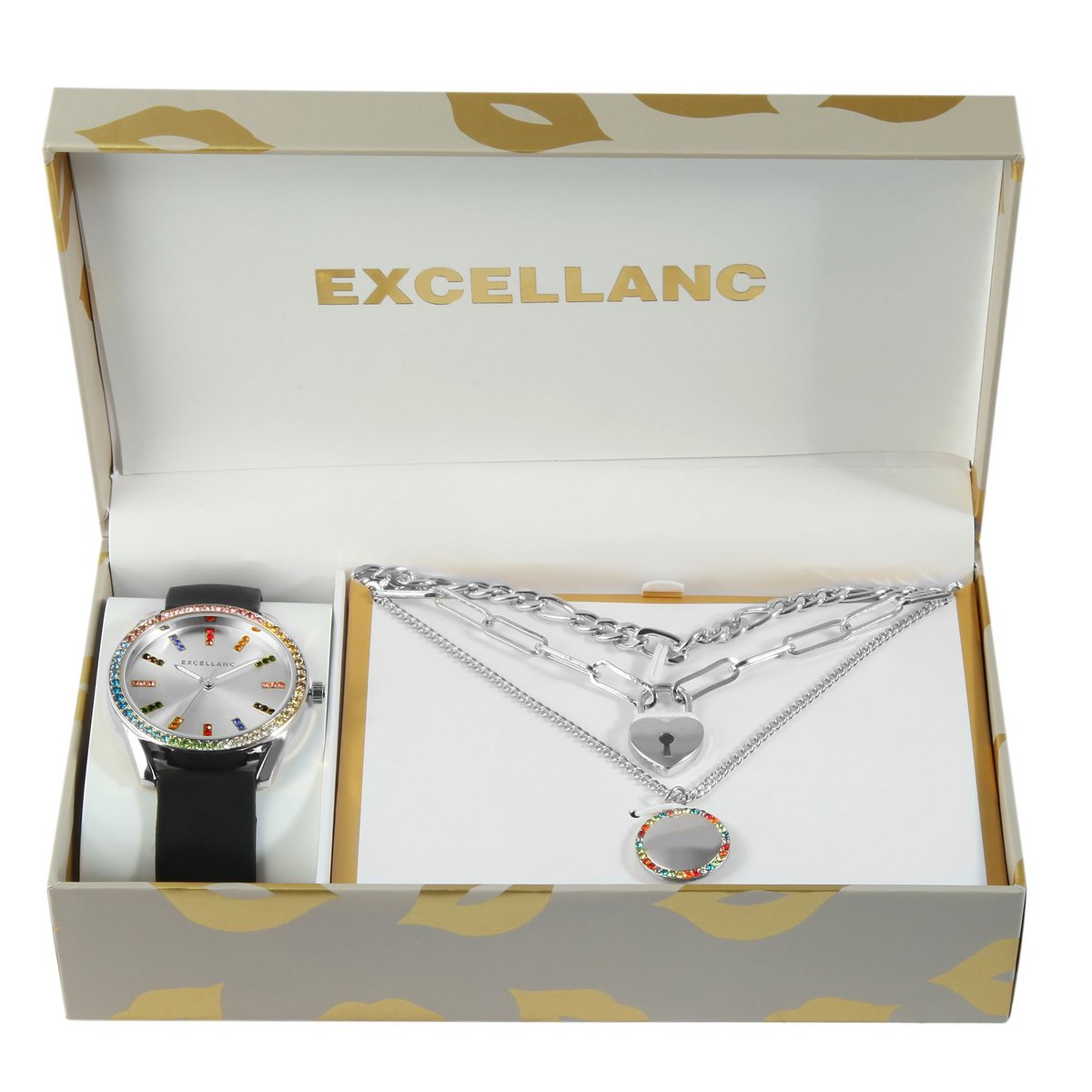 Excellanc gift set with women's wristwatch and three chains, colorful simile trim, silver-colored