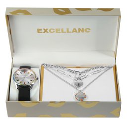 Excellanc gift set with women's wristwatch and three chains, colorful simile trim, silver-colored