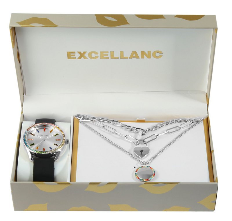Excellanc gift set with women's wristwatch and three chains, colorful simile trim, silver-colored