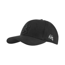 A black baseball cap with a black Dutch lion logo, suitable for unisex wear.