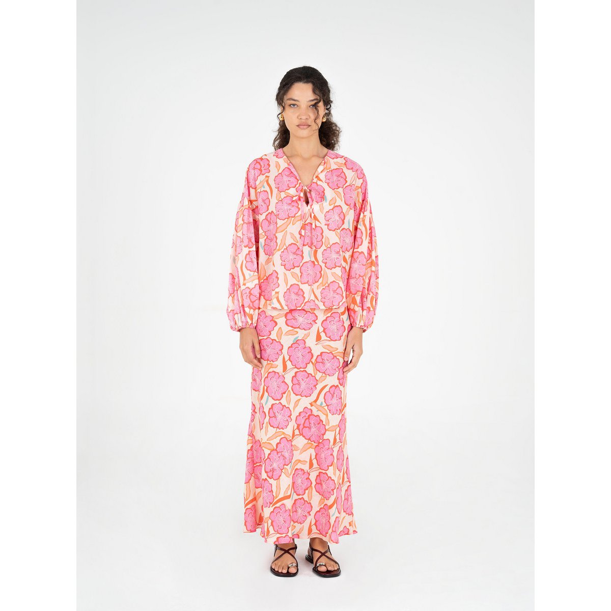 Goudsbloem roze bloemenprint blouse
