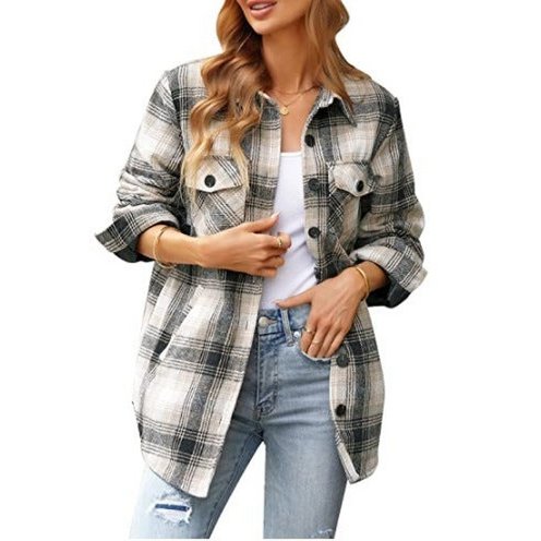 Women Oversized Check Button Shirt Jacket