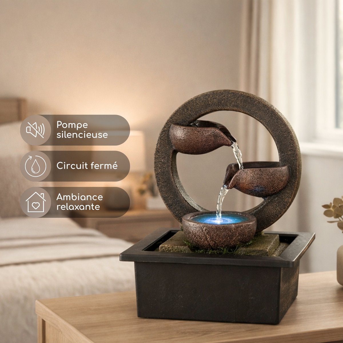 Zimmerbrunnen – Terai – Zen-Dekor-Idee – buntes LED-Licht – Wasserfluss-Kaskade – entspannendes Ambiente-Geschenk