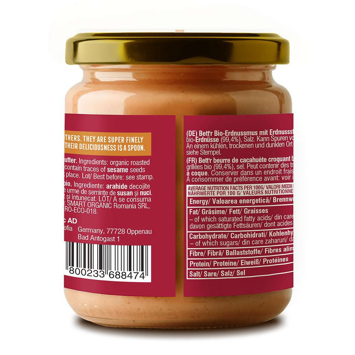 Peanut Butter, Crunchy, organic, Bett'r, 250g