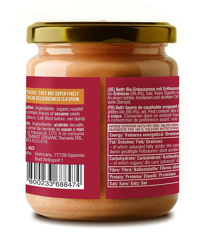 Peanut Butter, Crunchy, organic, Bett'r, 250g