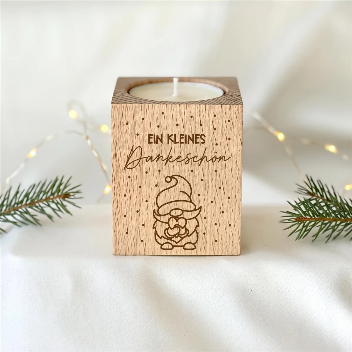 Wooden tealight holder "A small thank you" with gnome – Christmas gift for employees & colleagues | incl. tealight 