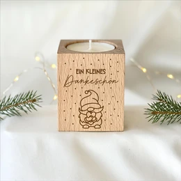 Teelichthalter Holz „Ein kleines Dankeschön“ mit Wichtel – Weihnachtsgeschenk für Mitarbeiter & Kollegen | inkl. Teelicht