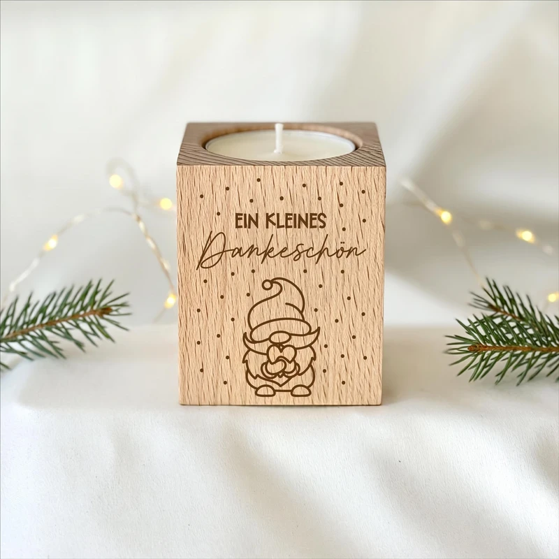 Wooden tealight holder "A small thank you" with gnome – Christmas gift for employees & colleagues | incl. tealight 
