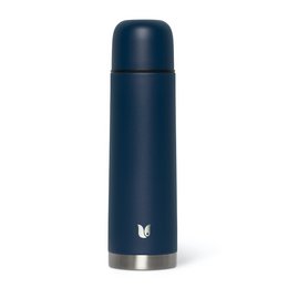 Stainless steel thermos bottle in navy blue color, 500 ml capacity, suitable for hot and cold beverages.
