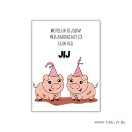 A birthday card featuring two cute cartoon pigs wearing party hats and the text "Hoepelijk is jouw verjaardag zo leuk als jij" which translates to "Hopefully your birthday is as fun as you."