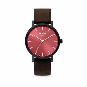 Horloge van donkerbruin leer met rode wijzerplaat van Ø42 mm
