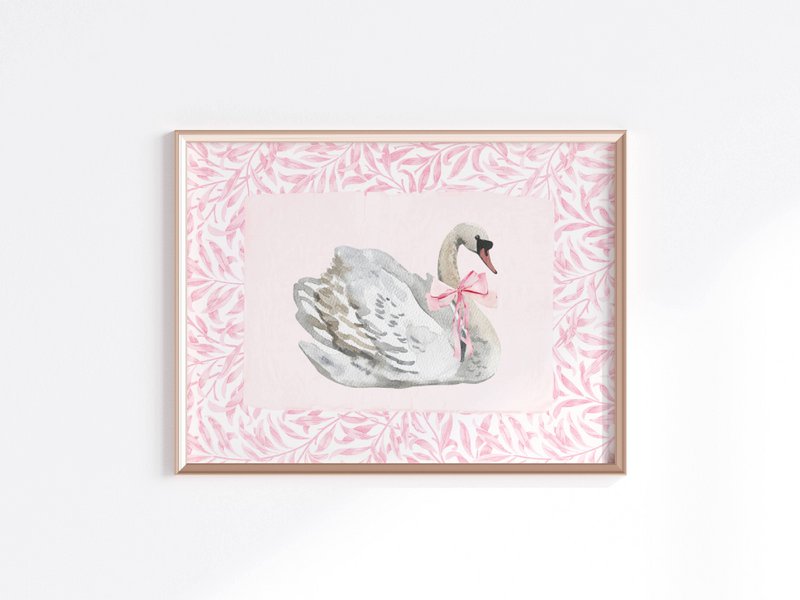 Swan with pink bow poster, vintage swan poster, Pink bow print, girls bow poster, pink toile art, pink girls room poster, girls nursery poster
