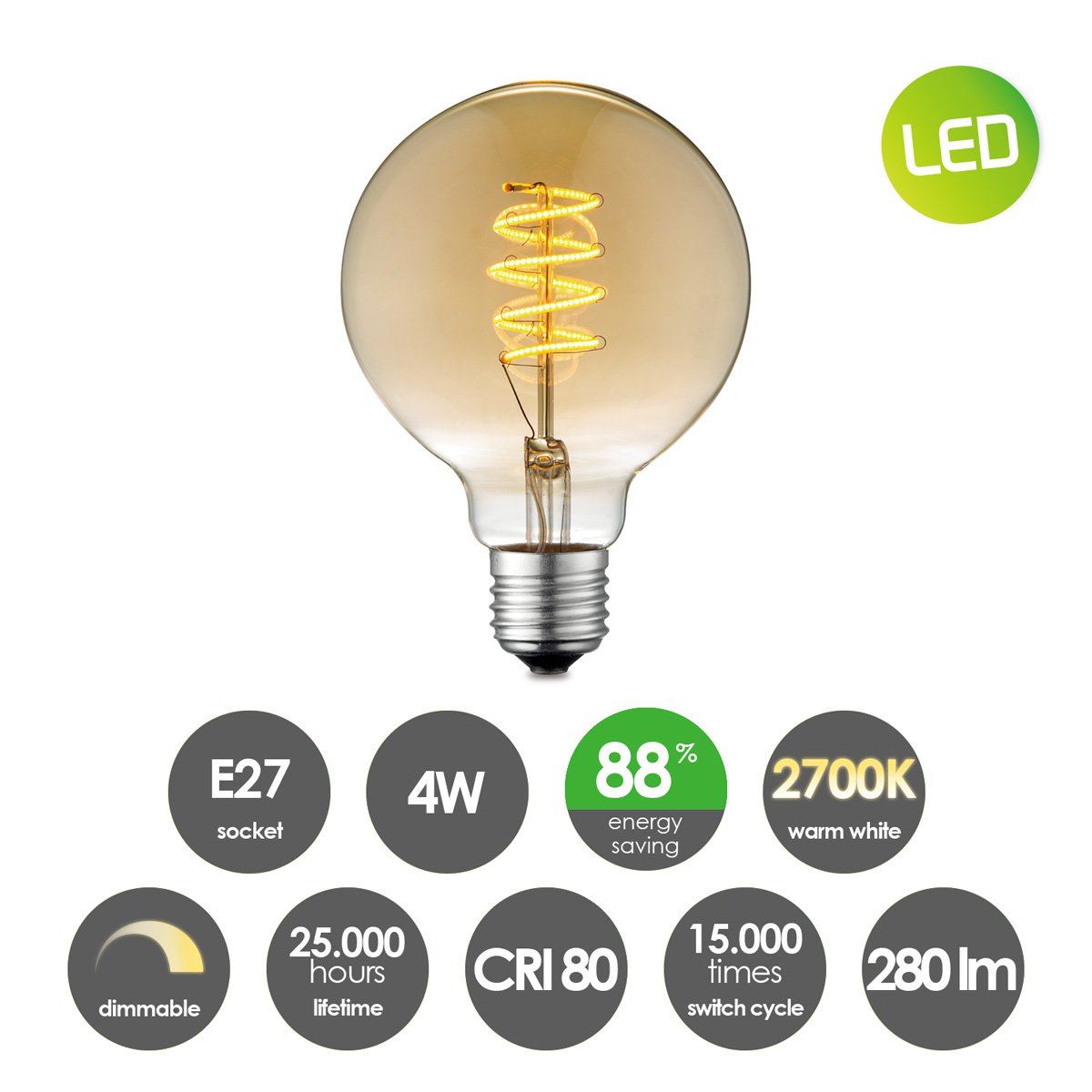 Home Sweet Home dimmable LED Globe Spiral E27 G95 4W 280lm 2700K Gold