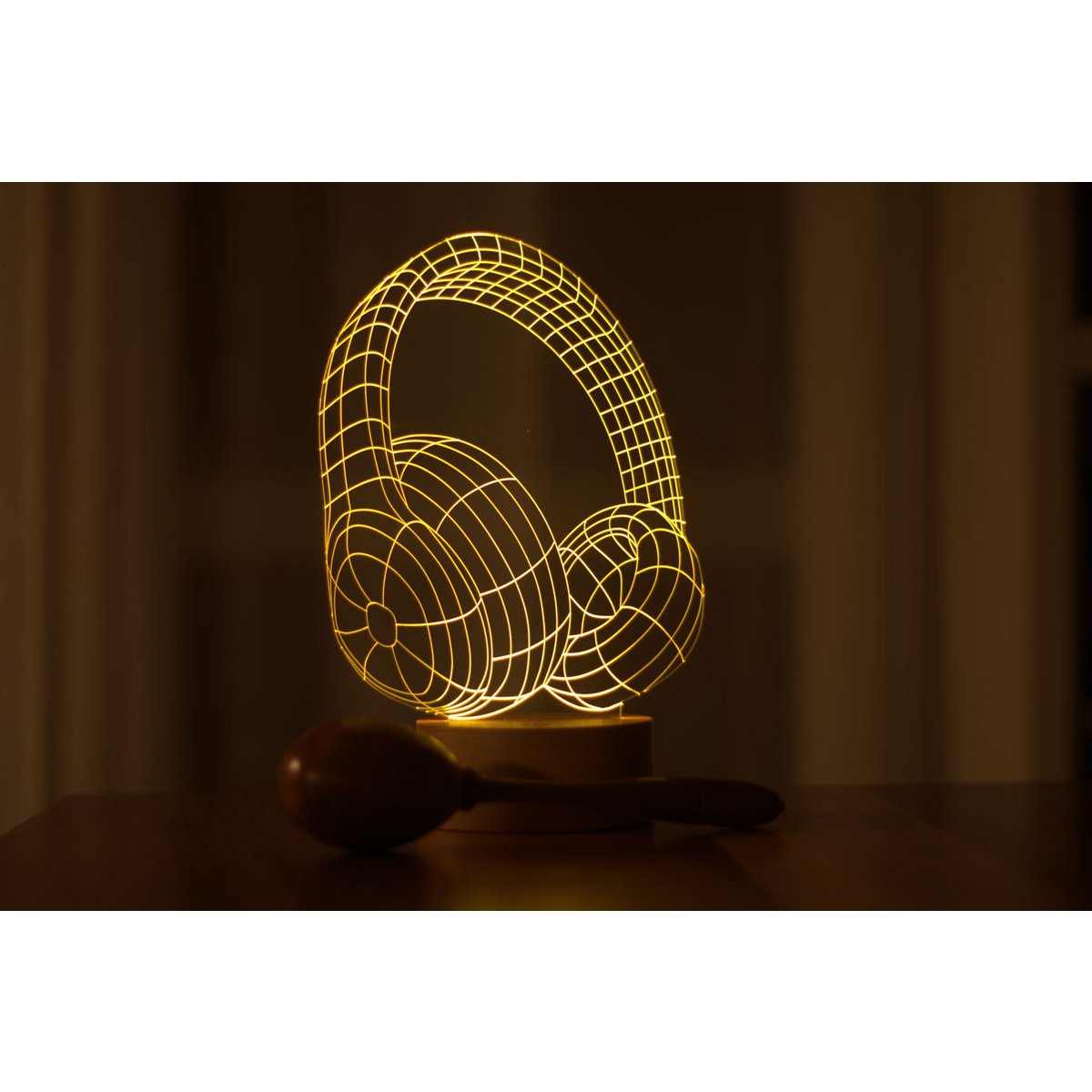 3D-Kopfhörer-LED-Licht | Holzbatterie und USB-Kabel