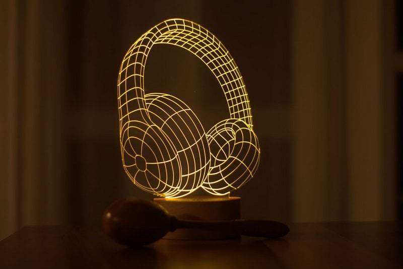 3D-Kopfhörer-LED-Licht | Holzbatterie und USB-Kabel