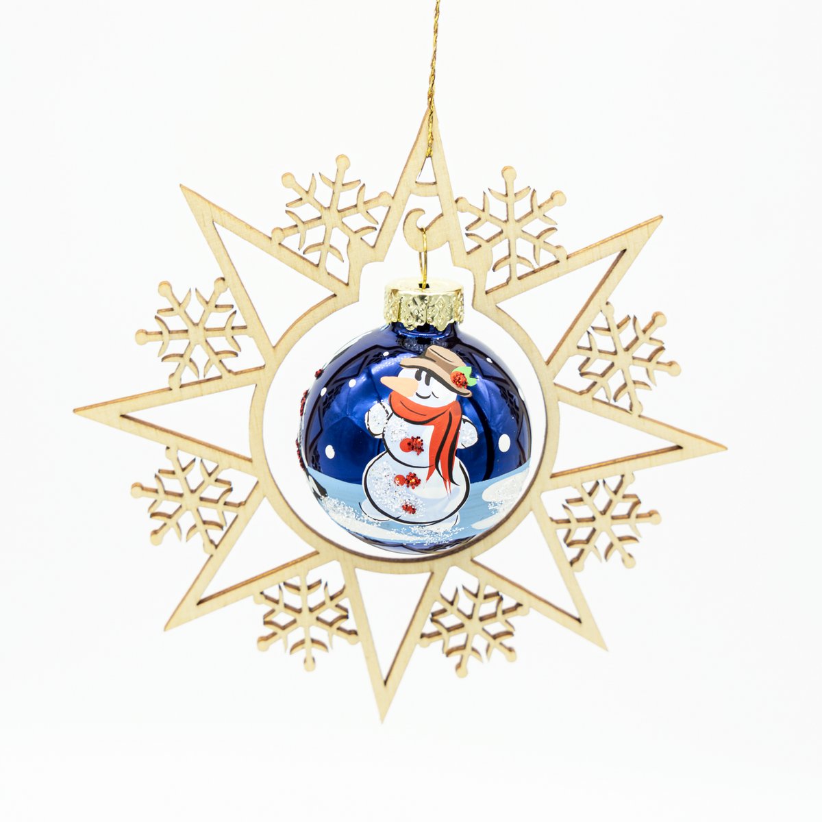 Holzstern mit Weihnachtskugel Schneemann