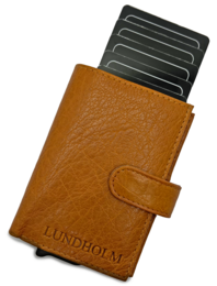 Etui na karty Lundholm wysuwane - z przegródką na monety, banknoty - skórzane etui na karty wysuwane etui na karty kredytowe męski prezent dla mężczyzny męskie prezenty prezent na dzień ojca prezent na dzień ojca koniak brązowy czarny