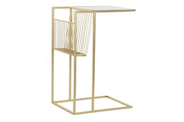 Gold metal magazine rack with glass top shelf and wire magazine holder.