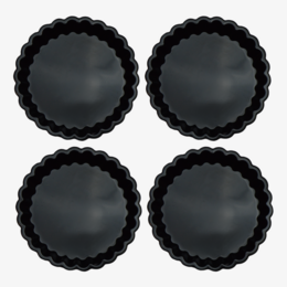  Round, black silicone tart molds for baking. Features include heat resistance, non-stick, and dishwasher safe.