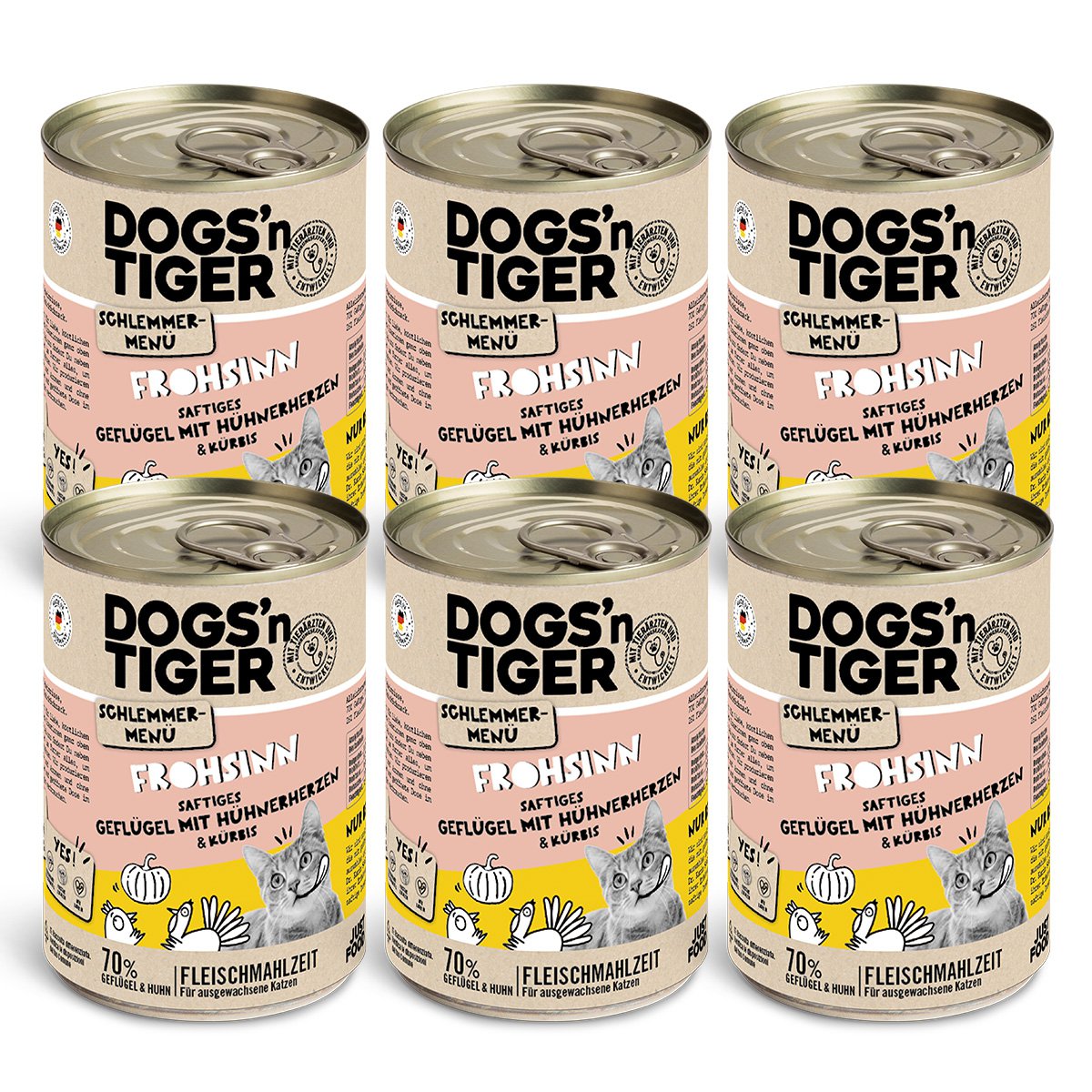 Dogs’n Tiger Adult, cibo per gatti, Frohsinn, cibo umido per gatti, senza cereali, pollame e zucca