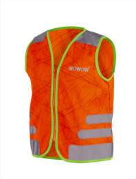 Bright orange safety vest with reflective strips and a world map graphic. Made of durable material for kids.