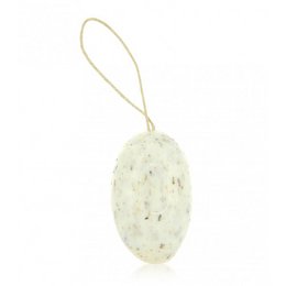 Lavender scrub pebble shape soap with rope 155g.