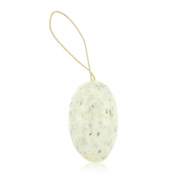 Lavender scrub pebble shape soap with rope 155g.