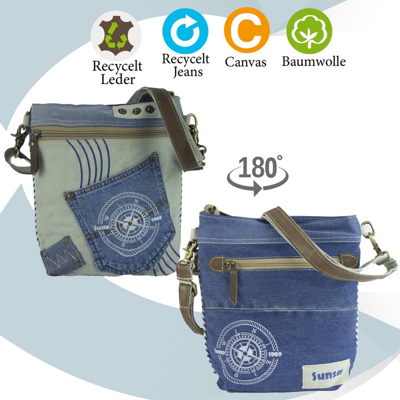 Sunsa Bæredygtig Skuldertaske til kvinder. Skuldertaske lavet af genbrugte jeans & canvas (canvas). Håndtaske i vintage retro stil. Crossbody taske til kvinder med maritimt motiv