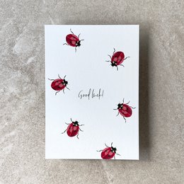 A postcard with a pattern of red ladybugs on a white background, with the text "Good luck!" printed on the card.