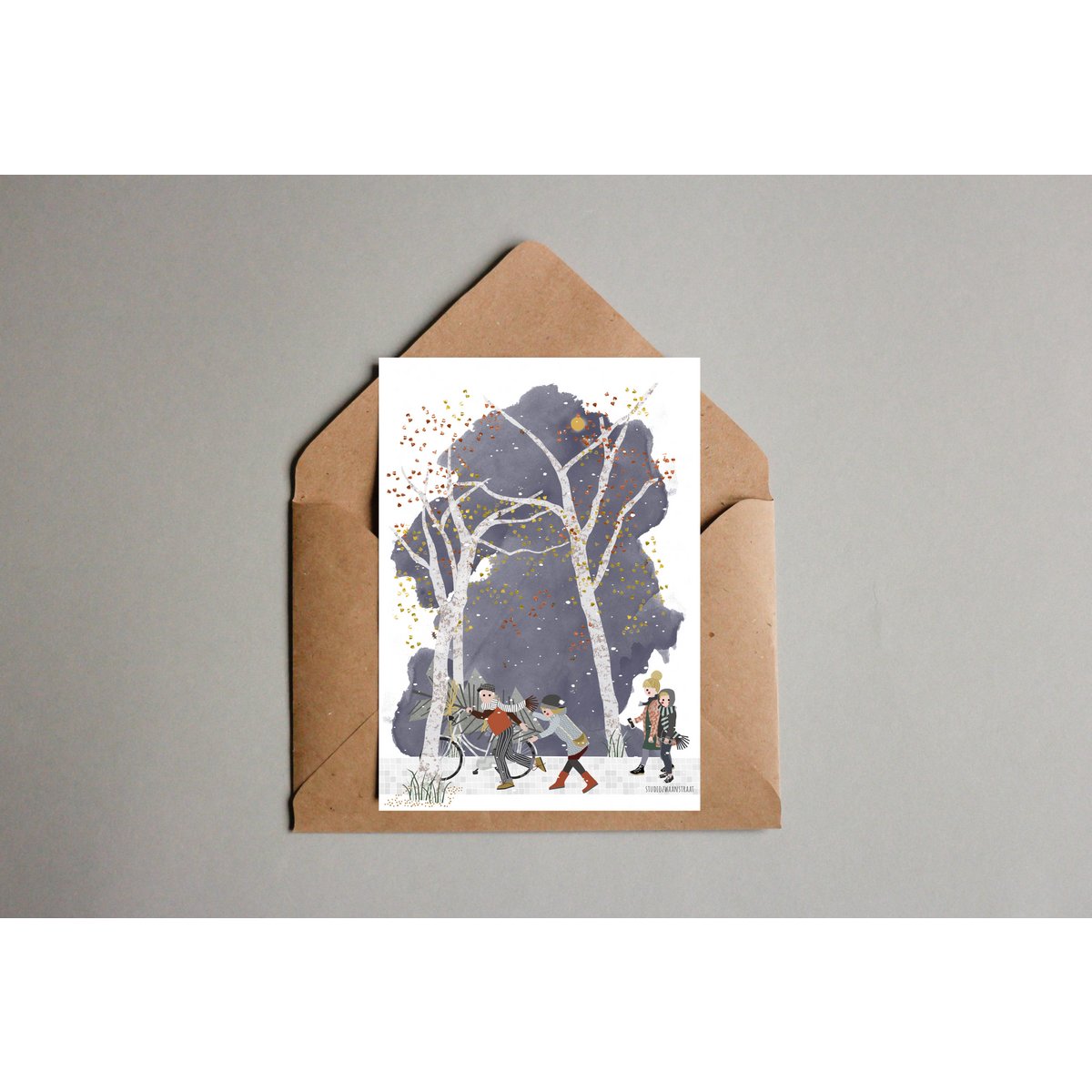 postcard - series 'Christmas' - 'how to get that tree home' - parents and teenagers