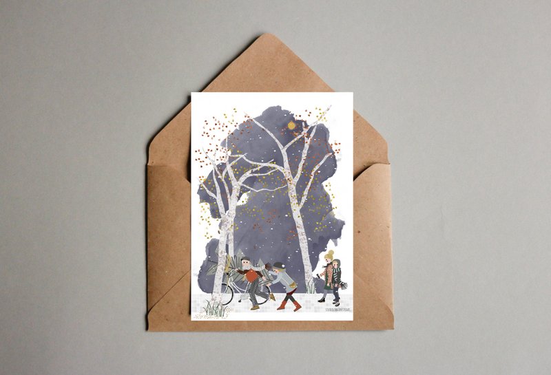 postcard - serie 'kerst'- 'how to get that tree home'- parents and teenagers